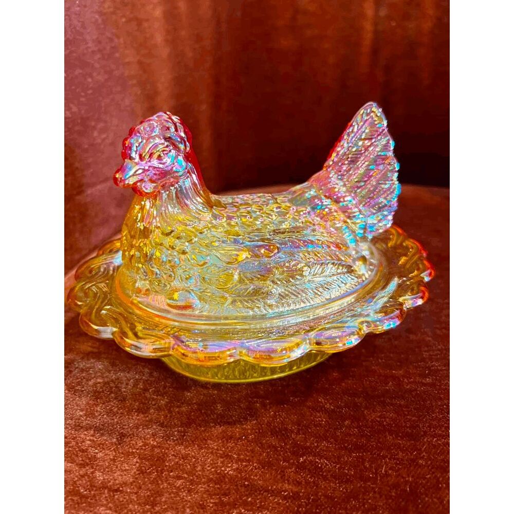Vintage Mosser Glass Marigold Carnival Hen on Nest Dish – USA Made